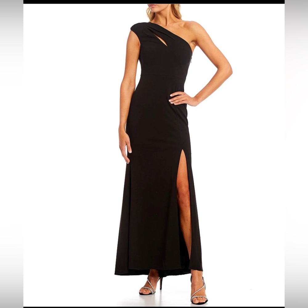 Black, floor length formal dress.